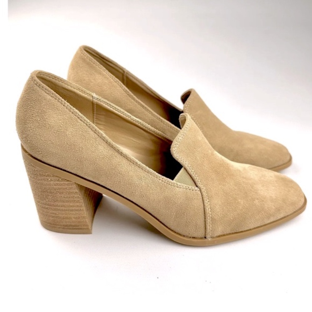 Joie Suede Tan Closed Toe Leather Block Chunky Heel Slip On Loafers Size 7.5